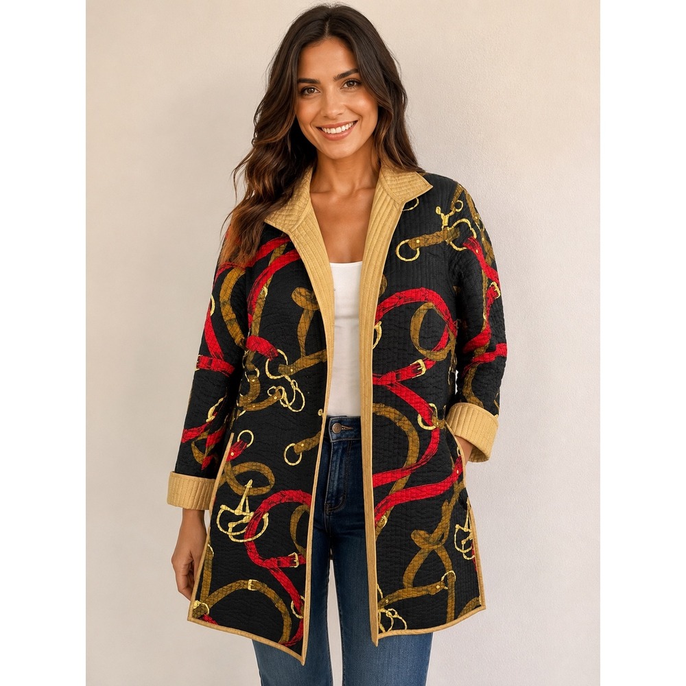 Patty Kim Long Quilted Equestrian Jacket L Belt Print Silk Lined Open Front